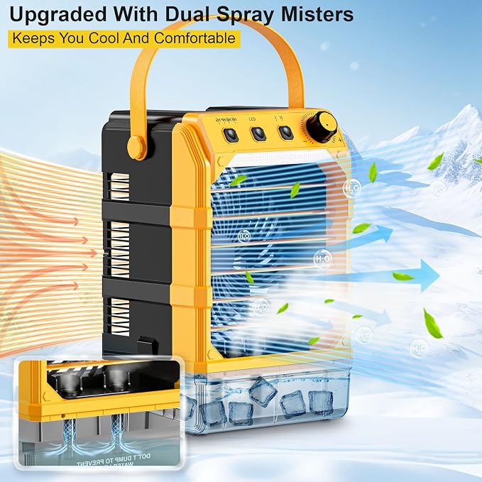 Portable Misting Fan Compatible for Dewalt 20v 60v Battery(NO Battery), Water Misting Fan With TYPE C Cable, 1.6L Water Tank, 8H Timer, Variable Wind Speed & LED Light For Jobsite Patio Outdoor