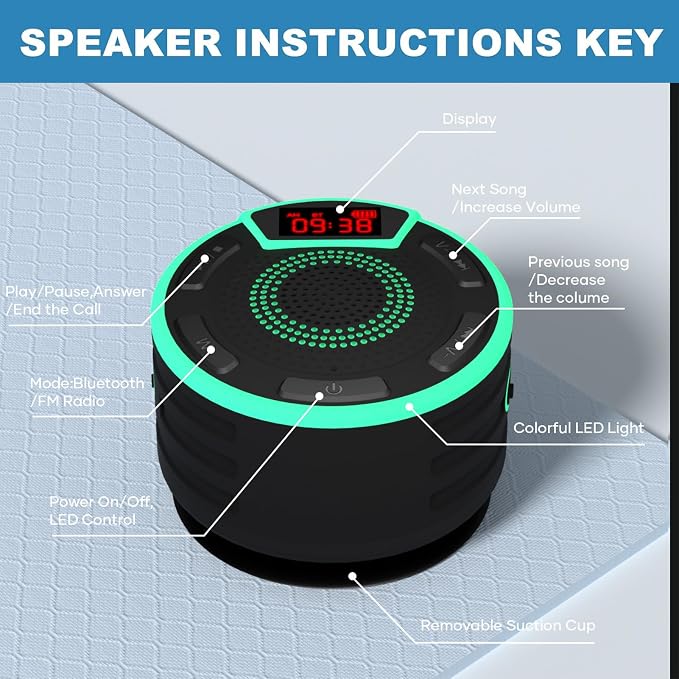 Bluetooth Speakers, IPX7 Waterproof Shower Speaker, Portable Speaker with LED Display, FM Radio, Suction Cup, Light Show, Built-in Mic, Best Gifts for Pool Beach Home Party Travel Outdoors
