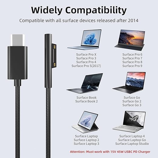 P45W 15V 3A Compatible with Microsoft Surface Pro 3/5/6/7Go3/2/1 Laptop 4/3/2/1 Type-C to Surface Nylon Braided Cable Power Supply USB-C Charger Cable - 2-Pack Black 6.6ft