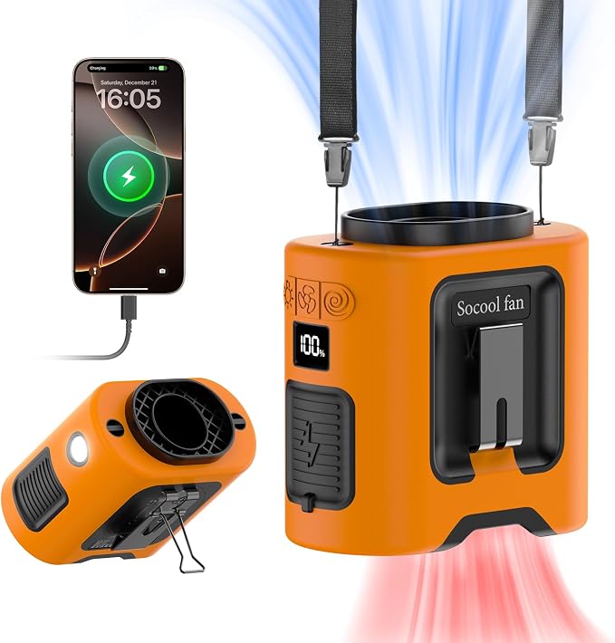 Socool 14500mAh Portable Waist Fan with 360 Rotation, Rechargeable Mini Personal Clip On Belt Shirt Fan 67Hrs Cooling Wearable Hanging Neck Fans with 5 Speeds & LED Light For Outdoor Working Jobsite