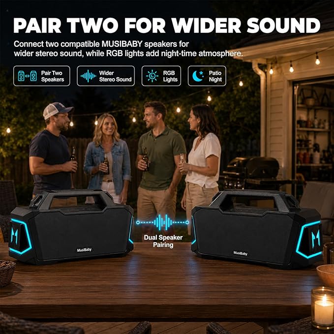 Musibaby 80W Portable Bluetooth Speaker, Loud Bass, IPX6 Waterproof, Black | Workshop, tailgate, RV, projector nights, fishing trips, boat deck, cookouts, USB music, AUX input, and room-filling audio.