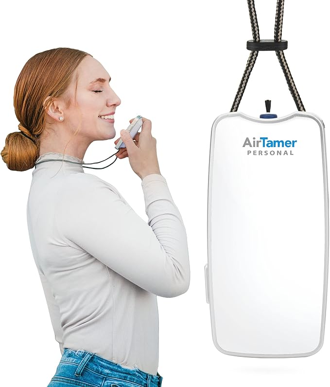 AirTamer A310W Wearable Personal Air Purifier, Rechargeable, White | Ionic negative-ion technology, no filters. Proven virus reduction. Metal Travel case included. For flights, office, commute