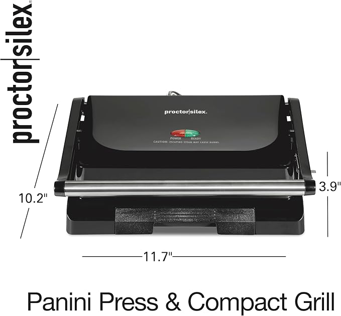 Proctor Silex-Panini Press Sandwich Maker and Electric Indoor Grill, Easy Clean PFAS-Free Nonstick Grids, Compact Upright Storage, Black (25440MN)