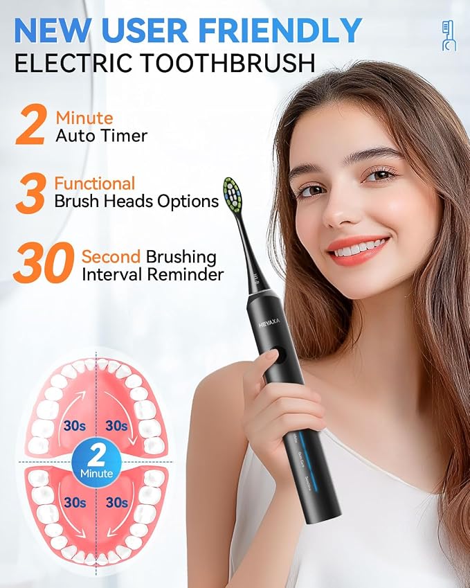 Sonic Electric Toothbrush, Dad Gifts, Fathers Day Gift, Birthday Gifts for Men, 60-Day Battery Life Rechargeable Power Toothbrush with 5 Modes, 2-Min Smart Timer, 7 Brush Heads & Travel Case (Black)