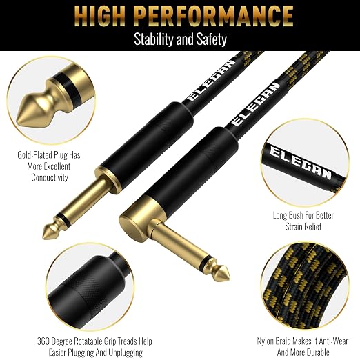 Guitar Cable 12 Ft/2 Pack-Right Angle+Straight to Straight Instrument Cable-90 Degree 1/4 Inch TS Electric Bass Guitar Cord-Gold Plated Nylon Braided Amp Cable 6.35mm Male with 6 Guitar Picks+5 Ties