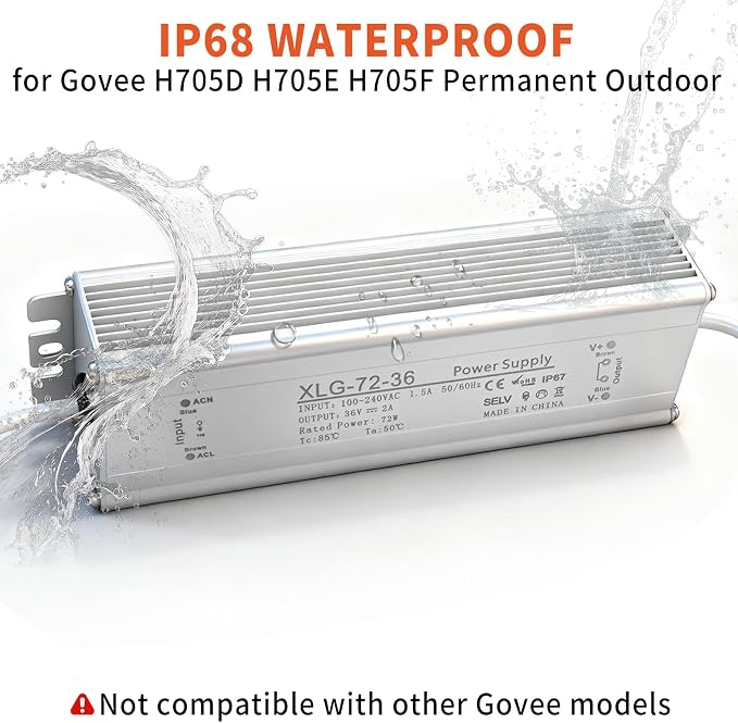 36V Waterproof Power Adapter Charger for Govee Permanent Outdoor Light Compatible with Govee H705D/H705E/H705F Replacement Power Supply Cord(White)