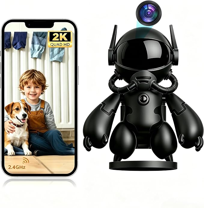 2K Indoor Robot Camera, 2.4G WiFi Robot Security Camera, Baby Pet Camera with Phone App, Long Battery Life, Two Way Audio, Night Vision, Battery Operated, PIR Motion Detection, Cloud & TF Card Storage