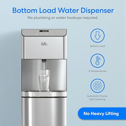 Brio Moderna Bottom Load Water Cooler Dispenser - Tri-Temp, Adjustable Temperature, Self-Cleaning, Touch Dispense, Child Safety Lock, Holds 3 or 5 Gallon Bottles, Digital Display and LED Light