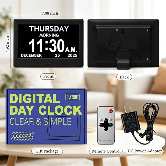 7'' Dementia Clock For Seniors, Large Display Digital Clock With Date, Time, Day Of Week for Elderly, Memory Loss, Alzheimer, 1024*600P HD, 10 Reminders & 6 Alarms, Auto Dimming & DST, Remote Control