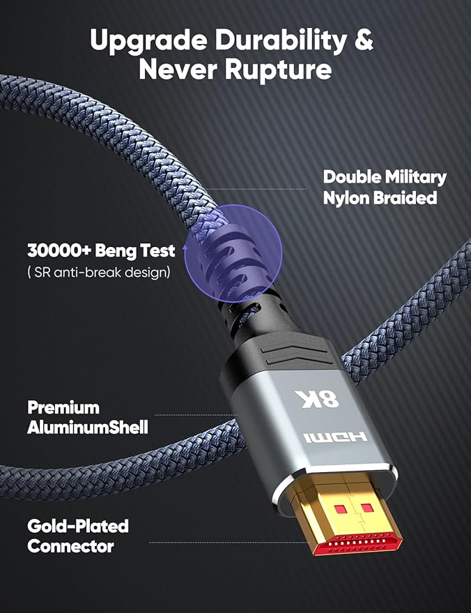 Highwings 8K HDMI 2.1 Cable 15FT 2-Pack, Slim Ultra High Speed HDMI Braided Cord-48Gbps,4K@120Hz 8K@60Hz, HDCP 2.2&2.3, Dynamic HDR,eARC,DTS:X,RTX 3090,Compatible with Roku TV/HDTV/PS5/Blu-ray