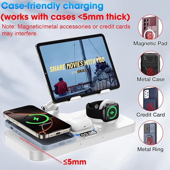 6 in 1 Wireless Charger for Apple Device, 30W Foldable Wired Charging for ipad with Clock & 7 Color Ambient Light, Nightstand Charger Station for iPhone 17