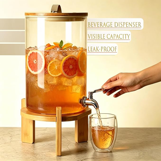 Beverage Dispenser, 2.1Gallon Glass Drink Dispenser with Stand, Stainless Steel Spigot, Ideal for Parties, Bars, Restaurants (8L/2.1 Gallon)
