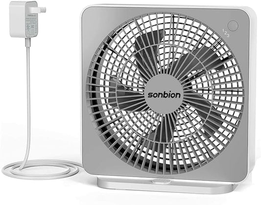 10 Inch Box Fan, Small Window Fan, Quiet Electric Fan with Three Speeds, Square Desk Fan for Home Office Room Apartment, 1.7LB Lightweight, DC Adapter Plug Powered, One Button Control Design