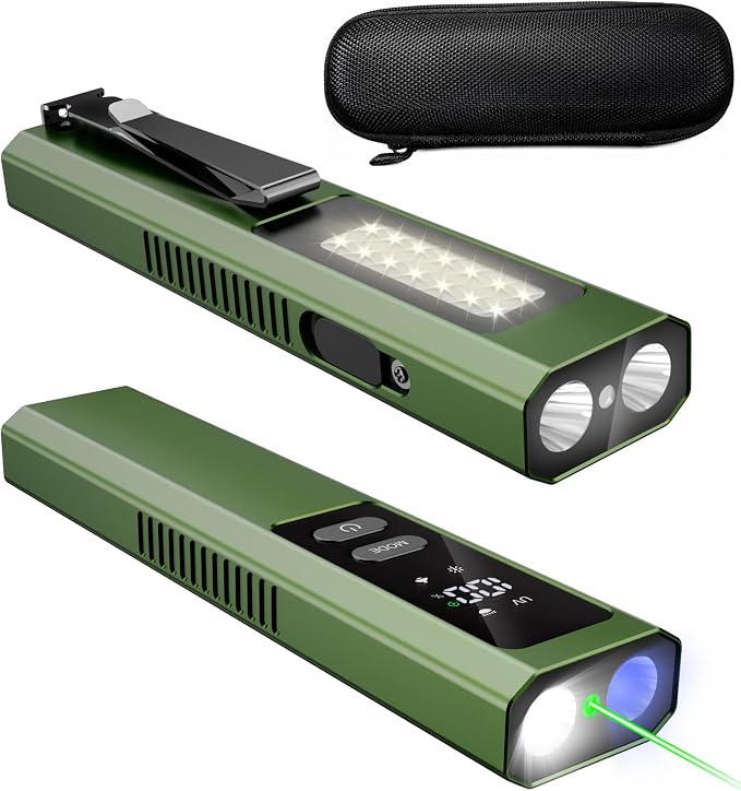EDC Flashlight 4 in 1 Pocket Magnetic Slim Flat Flashlight High Lumens Work Light with Green Beam & UV Light & Warning Light Combo EDC Rechargeable LT-010 (Green Color)