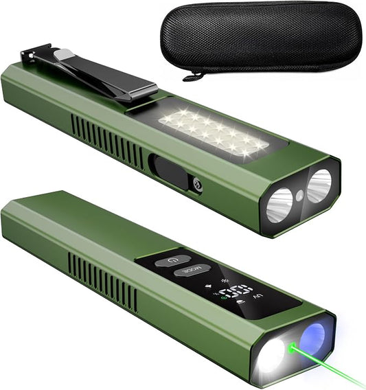 EDC Flashlight 4 in 1 Pocket Magnetic Slim Flat Flashlight High Lumens Work Light with Green Beam & UV Light & Warning Light Combo EDC Rechargeable LT-010 (Green Color)