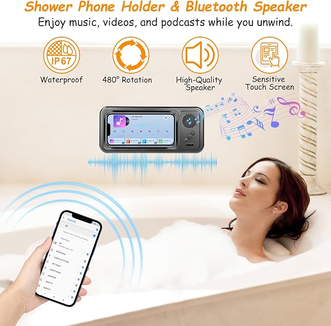 Shower Phone Holder with Wireless Bluetooth Speaker , 480° Rotation Retractable Adjustable Shower Case for iphone ,Bathroom Wall Phone Mount Stand WaterProof Anti Fog,Compatible with All 4-7"Cellphone