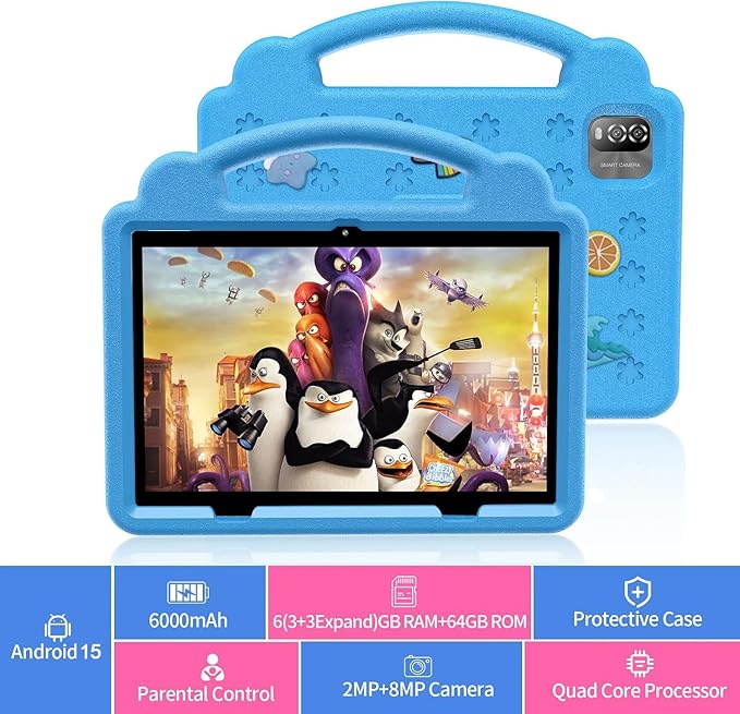 10 Inch Kids Tablet with Case, Android 15 Tablets for Age 3-12, 64GB Educational Pad,Parental Control, 5G WIFI6, Dual Camera, 6000mAh, Bluetooth (Blue)