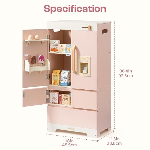 ROBUD Wooden Play Fridge, Kitchen Toy Fridge Freezer Set with Ice Maker, Play Kitchen Refrigerator, Kitchen Playset Gift for Kids & Toddlers, Age 3+ (Pink)