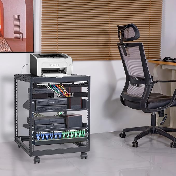 VEVOR 12U Open Frame Server Rack, 23-40 in Adjustable Depth, Free Standing or Wall Mount Network Server Rack, 4 Post AV Rack with Casters, Holds All Your Networking IT Equipment AV Gear Router Modem