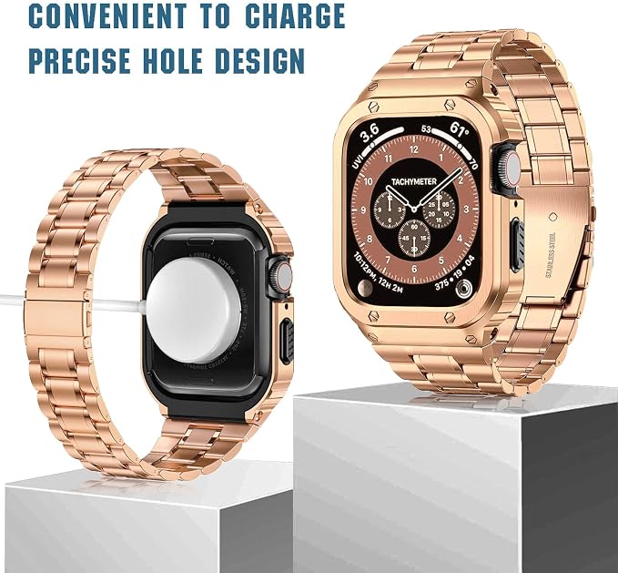 MioHHR Stainless Steel Watch Band with Case Compatible with Apple Watch Series 9/8/7(41mm) Series 6/5/4/SE(40mm)38mm(Series 3/2/1),Rugged Strap with Metal Protective Bumper Cover for iWatch Band