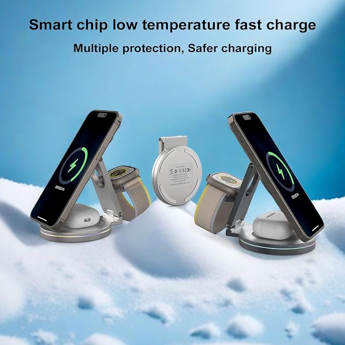 Foldable 360º Rotatable Zinc Alloy 3-in-1 Magnetic Wireless Charger, Charging Station, Charging Stand,15W for iPhone 12-17,5W for Apple Watches,AirPods(Adapter Included) (Black)