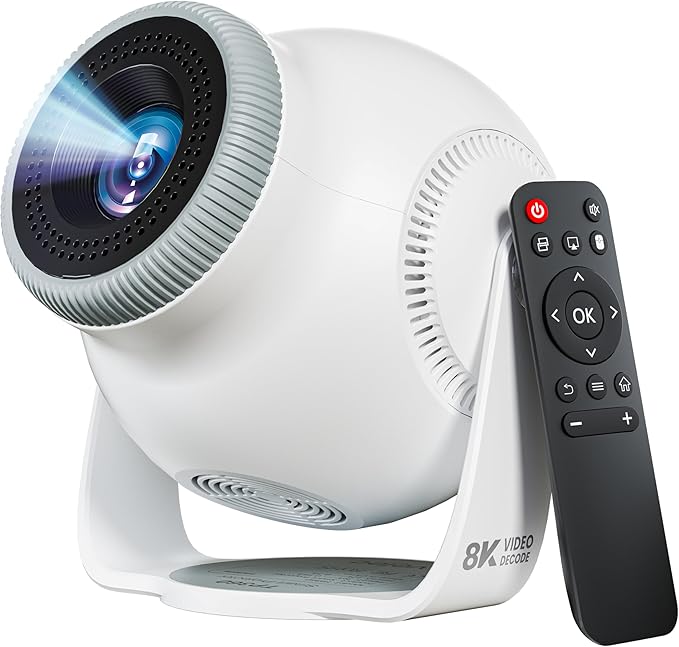 【8K Video Decode / Android 14.0】Mini Smart Projector with WiFi 6 and Bluetooth 5.4, 450 ANSI Support 4K 1080P, Portable Outdoor Movie Projectors, Auto Keystone Correction, 270° Rotatable Proyector