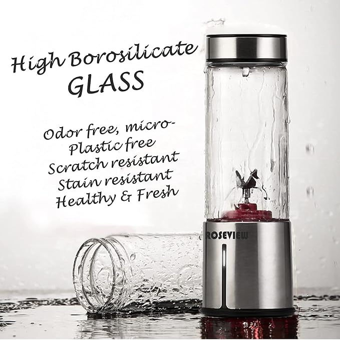 Portable Smoothie blender ROSEVIEW Glass bottle USB rechargeable mini Handheld Ice Shakes Cup 2 blend juicer Cordless Personal smoothies maker Fruit mixer