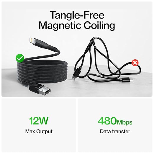 Statik MagStack USB A to iProduct Cable MFi Certified, Clutter-Free Magnetic Charging Cable, Anti-Tangle Phone Charger Cord, 12W, Compatible with iPhone & iPad, 6FT, 3-Pack
