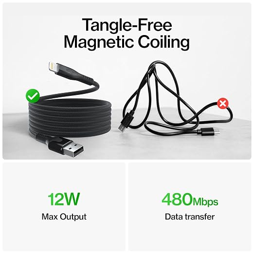 Statik MagStack USB A to iProduct Cable MFi Certified, Clutter-Free Magnetic Charging Cable, Anti-Tangle Phone Charger Cord, 12W, Compatible with iPhone & iPad, 6FT, 3-Pack