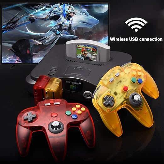 KIWITATA N64 Wireless Controller for Switch Games, 2.4GHZ Rechargeable N64 Remote Joystick Wireless Gamepad Controller Compatible with N64 System, Raspberry Pi, MAC,PC Windows 7,8,10,11 Clear Red