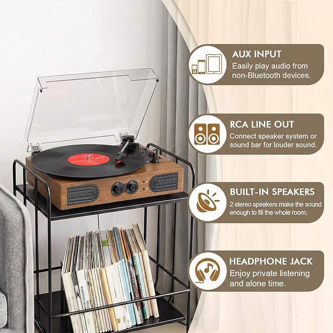 Vinyl Record Player with Built-in Stereo Speakers, 3-Speed Belt-Drive Turntable, Treble & Bass Control, RCA-Out/AUX-in, 3.5mm Headphone Jack—Vintage LP Player for Home & Gifts, Walnut