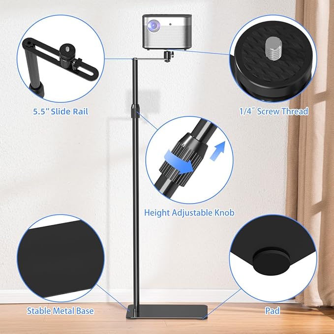 suptek Projector Stand Against Wall Hidden Stand, 360°Swivel, Height Adjustable, Mini Projector Mount Bracket, Compatible with Home Office Video Vlog DVR Camera, PR001FP
