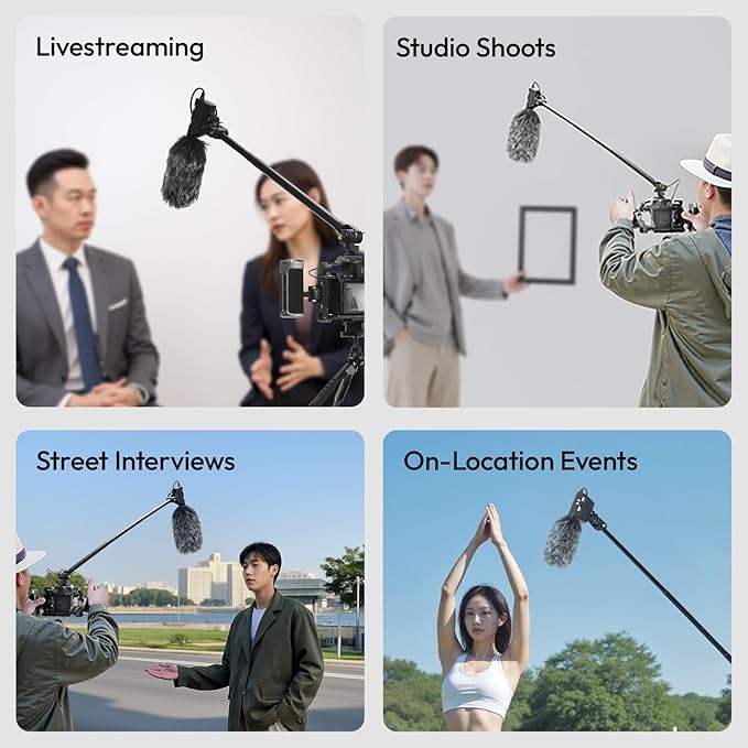 ULANZI ZJ08 Extendable Cold Shoe Mic Arm Pole with Built-in 3.5mm Audio Cable, 3 Section Aluminum Microphone Boom Pole for Cold Shoe Microphones, Angle Length Adjustable, 1KG Max Load