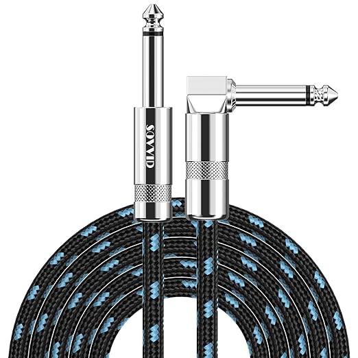 15FT Instrument Cable - Electric Guitar & Bass Cable with Right Angle 1/4 Inch Connector, Black & Blue