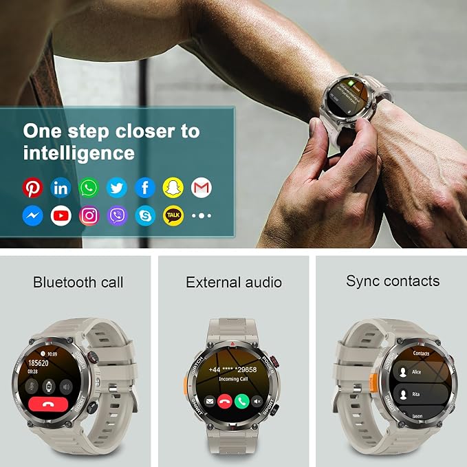 Military Smart Watch for Men-100-Day Long Battery Life,Fitness Tracker with LED Flashlight/Compass,120+ Sports Modes,IP68 Waterproof,Heart Rate Monitor,Bluetooth Call Smartwatch for iOS Android(Khaki)