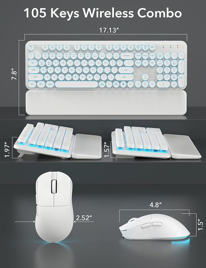 Wireless Keyboard and Mouse Backlit - White Typewriter Keyboard with Magnetic Wrist Rest, Retro Round Keycaps, Light Up Letters, 2.4GHz Cordless Combo for Mac, Windows, PC, Laptop, Trueque [Upgraded]