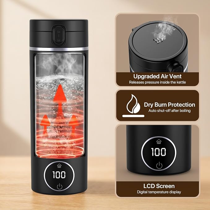 Portable Travel Electric Tea Kettle,6 Preset Temp Plug-in Keep Warm,15 OZ Small Hot Water Boiler,304 Stainless Steel,Auto Shutoff&Boil Dry Protection,Termo Electrico Portatil Black for RV Travel