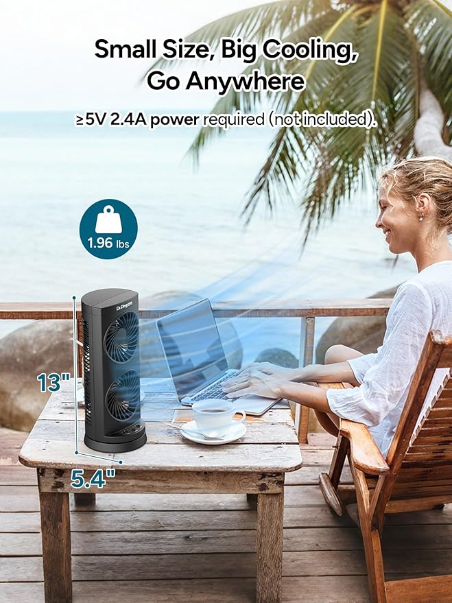 Dr. Prepare Tower Fan DC Oscillating Fan, Portable Desk Fan with 3-Speed Options, Dual Air Circulation, 110° Oscillation, 3 Timers, Personal Quiet Table Fan for Home Office Desktop Bedroom, 13 inch