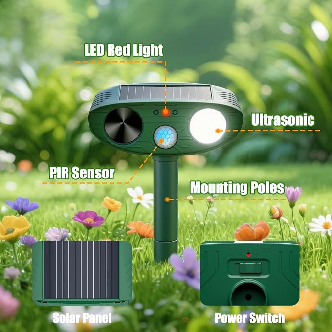 2026 Solar Ultrasonic Animal Repellent Outdoor with Motion Sensor Flash Light, IP66 Waterproof Deer Cat Squirrel Raccoon Repellent for Yard Farm Garden (2 Pack)