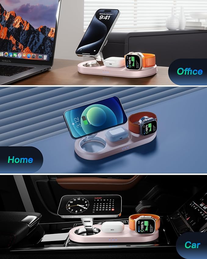 Upgraded 3 in 1 Wireless Charging Station for Apple Devices, Faster Mag-Safe Charger Stand, Magnetic Charger Station for iPhone 17/16/15/14/13/12 Series & AirPods Pro & Apple Watch Series （Pink）