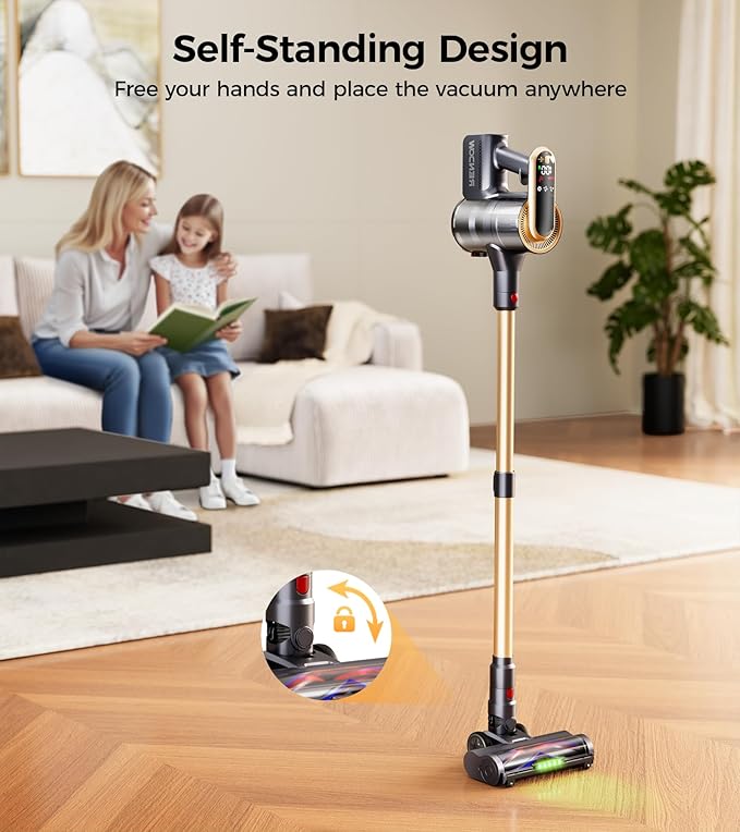 RENDOW Cordless Vacuum Cleaner, 600W 50Kpa 65Mins Vacuum Cleaners for Home, Self-Standing Cordless Stick Vacuum with LED Display,Anti-Tangle Rechargeable Wireless Vacuum for Pet Hair/Carpet/Hard Floor
