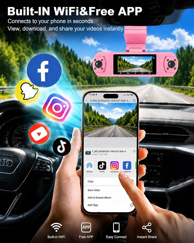 4 Channel Dash Cam,360 Degree, Front and Rear Inside Dash Cam for Cars, APP Control, Built-in WiFi,8 IR Night Vision, Parking Mode, Loop Recording, Fre 64G SD Card, Voice Control,3K+1080P x3