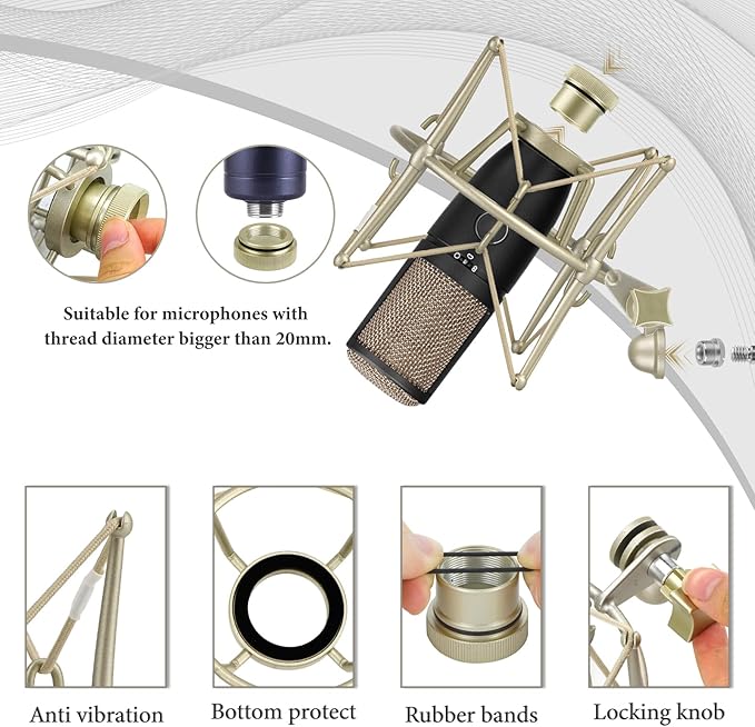 GEEKRIA for Creators Microphone Shock Mount Compatible with AKG P120, P220, Perception 220 P420, P820, P8207, Mic Anti-Vibration Suspension Adapter Clamp Mic Holder Clip (Champagne/Metal)