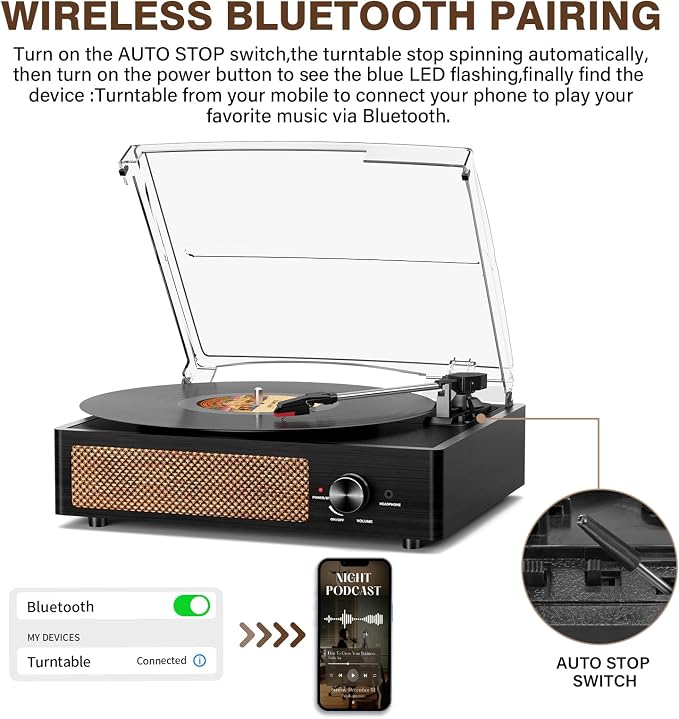 Record Player for Vinyl with 2 Build-in Speakers LP Vinyl Players Belt-Driven Vintage Turntables 3 Speed 3 Size, Wireless Bluetooth Playback, AUX-in, RCA Out, Headphone, Auto Stop
