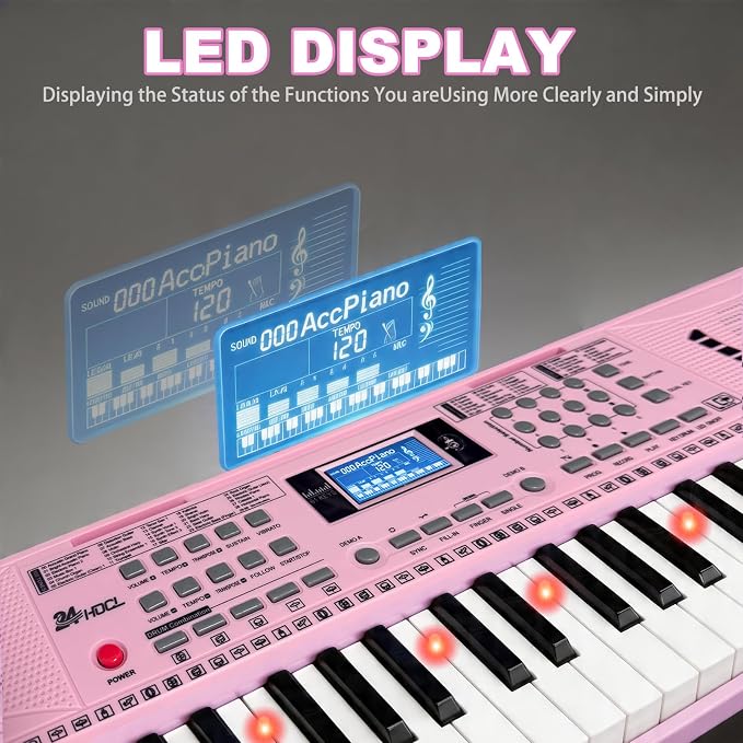 Keyboard Piano 61 Lighted Keys, Electric Keyboard Kit with 100 Voices, 100 Rhythms - Built-In Speaker, Microphone, Sheet Stand and Power Supply, Gift for Children Beginners [Pink, Piano with Stand]