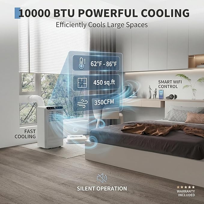 10000 BTU Portable Air Conditioners, Portable AC Unit for Room Up to 450 Sq.Ft, Cooling, Dehumidifier & Fan Modes, Remote Control, Dust Filter, 50 dB Quiet Operation, for Bedroom Office Apartment