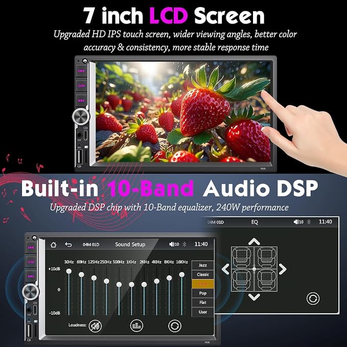 7 Inch Car Stereo with Wireless Apple CarPlay & Android Auto, Wireless AirPlay Mirror Link, Double Din Radio with 1024*600 IPS Toucscreen, AM/FM RDS, Bluetooth, Type-C/USB/TF/AUX, 12-LED Backup Camera