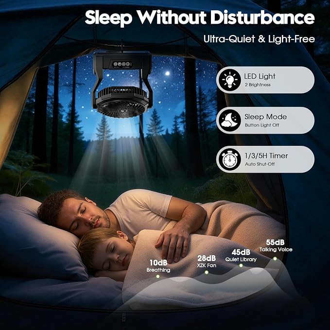 XZK 36000mAh Rechargeable Camping Fan, 98H Runtime Battery Powered Portable Travel Fan with LED Light, Tent Fans for Indoor,Outdoor,Fishing,Jobsite & Hurricane Emergency,Gifts for Men Dad Him,Black