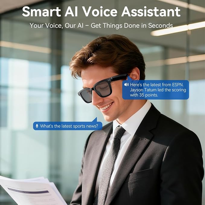 Smart Glasses with Camera, 1080P Video Recording Glasses for Life | 165 Languages Real Time Translation, AI Voice Assistant, Open-Ear Audio,Sunglasses with Color-Changing Clear&Green Lenses