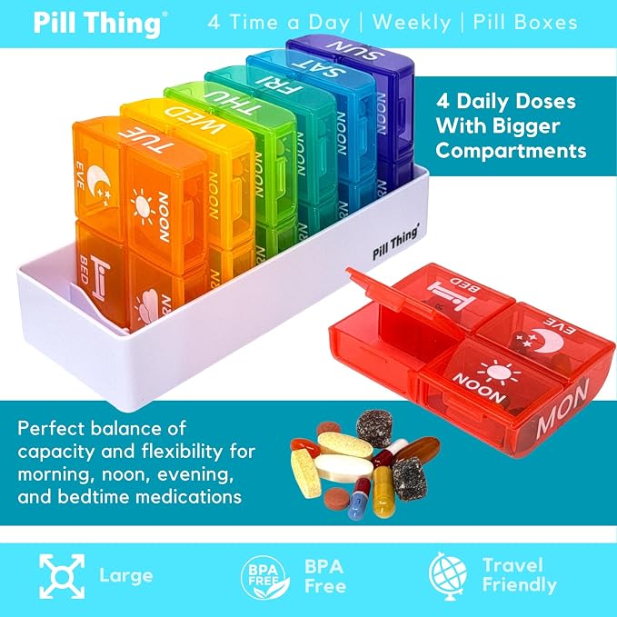 4 Times a Day, 7 Day Large Weekly Pill Organizer with Holder Tray, Vitamin, Medicine Box, Multicolor with Medical Alert Card (4X a Day - 2 Pack)